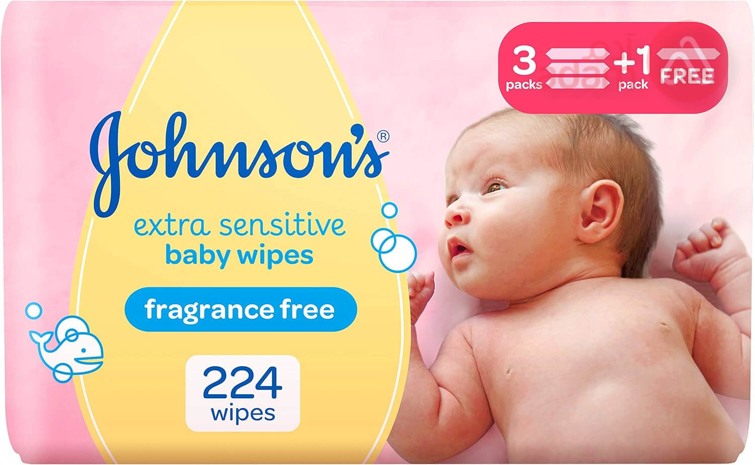 جونسون مناديل لتنظيف لطيف لكامل الجسم للأطفال (3 + 1) | 224 منديل